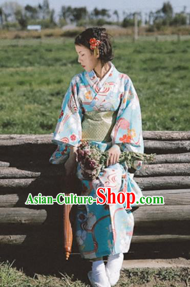 Japanese Handmade Printing Blue Kimono Japan Traditional Yukata Dress Costume for Women
