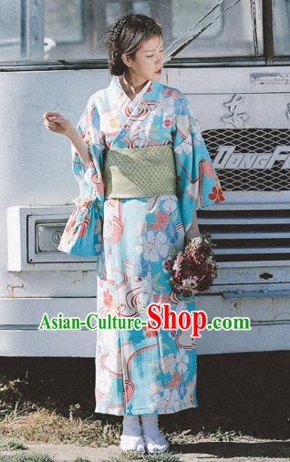 Japanese Handmade Printing Blue Kimono Japan Traditional Yukata Dress Costume for Women