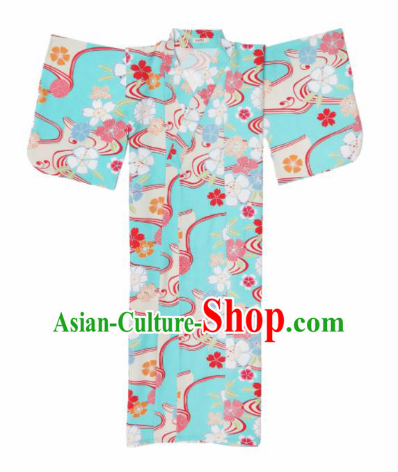 Japanese Handmade Printing Blue Kimono Japan Traditional Yukata Dress Costume for Women