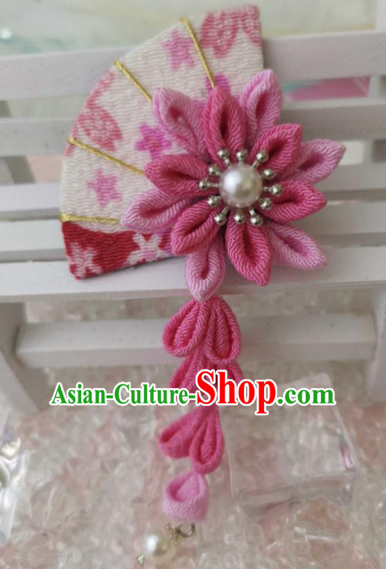 Japanese Handmade Kimono Pink Fan Hair Accessories Japan Traditional Tassel Hairpins for Women