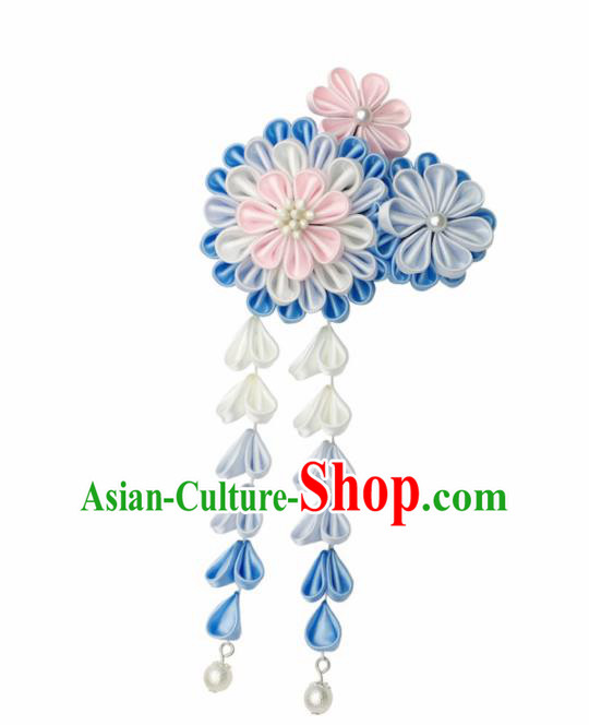 Japanese Handmade Kimono Hair Accessories Japan Traditional Yukata Blue Flowers Tassel Hairpins for Women