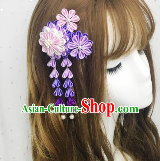 Japan Traditional Yukata Purple Flowers Tassel Hairpins Japanese Handmade Kimono Hair Accessories for Women