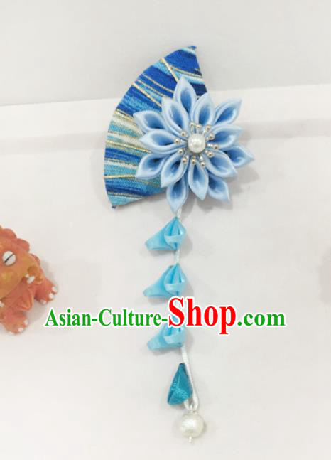 Japan Traditional Yukata Blue Fan Flowers Tassel Hair Claw Japanese Handmade Kimono Hair Accessories for Women
