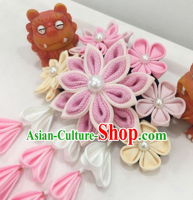 Japan Traditional Yukata Pink Flowers Tassel Hair Claw Japanese Handmade Kimono Hair Accessories for Women