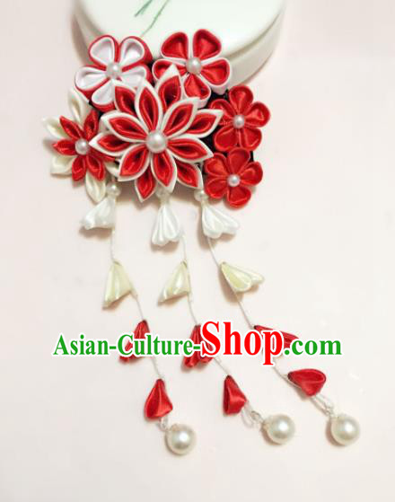 Japanese Traditional Geisha Red Sakura Tassel Hairpins Japan Handmade Kimono Hair Accessories for Women