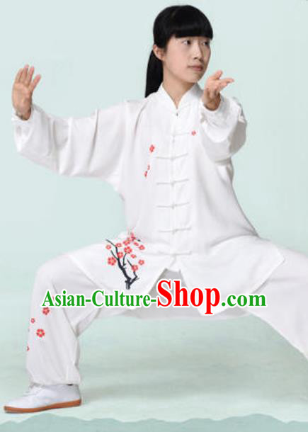 Chinese Traditional Tai Chi Printing Plum Blossom White Costume Martial Arts Training Uniform Kung Fu Wushu Clothing for Women