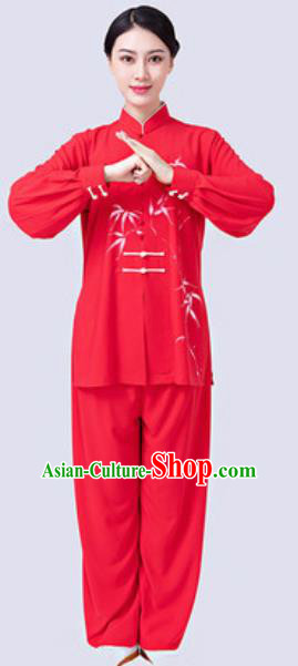 Chinese Traditional Tai Chi Printing Bamboo Red Costume Martial Arts Uniform Kung Fu Wushu Clothing for Women