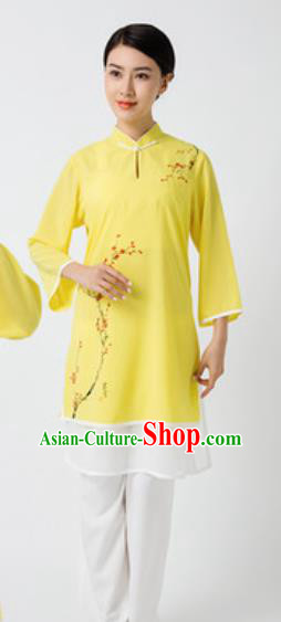 Chinese Traditional Tai Chi Printing Plum Blossom Yellow Costume Martial Arts Uniform Kung Fu Wushu Clothing for Women
