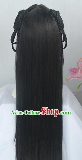 Handmade Chinese Traditional Hanfu Blunt Bangs Wigs Sheath Ancient Swordswoman Chignon for Women