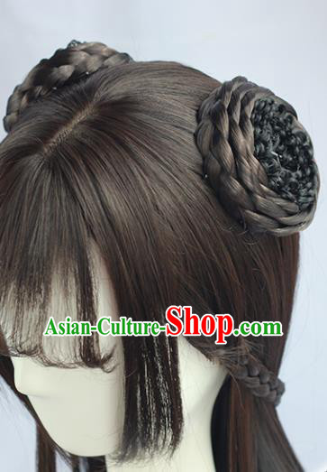 Handmade Chinese Traditional Hanfu Blunt Bangs Brown Wigs Sheath Ancient Nobility Lady Chignon for Women