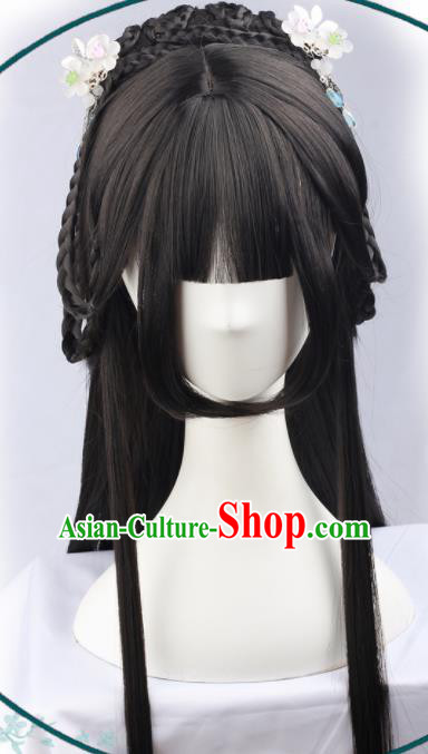 Handmade Chinese Traditional Princess Hanfu Blunt Bangs Black Wigs Sheath Ancient Nobility Lady Chignon for Women