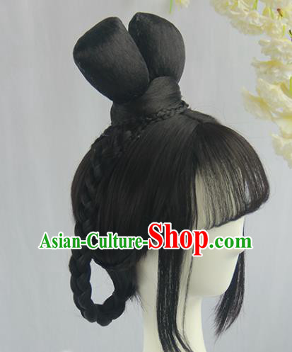 Handmade Chinese Ancient Song Dynasty Princess Headpiece Chignon Traditional Hanfu Blunt Bangs Wigs Sheath for Women
