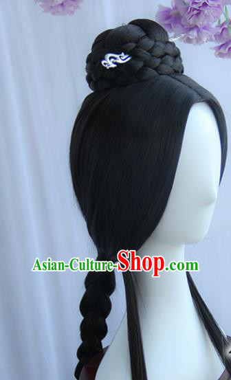 Handmade Chinese Ancient Han Dynasty Princess Headpiece Chignon Traditional Hanfu Blunt Bangs Wigs Sheath for Women