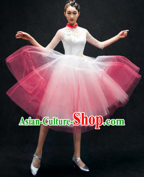 Chinese Classical Dance Costume Traditional Modern Dance Pink Veil Dress for Women