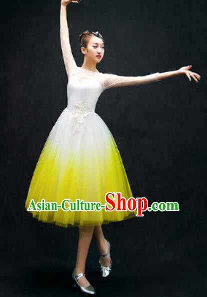Chinese Classical Dance Costume Traditional Modern Dance Yellow Veil Dress for Women