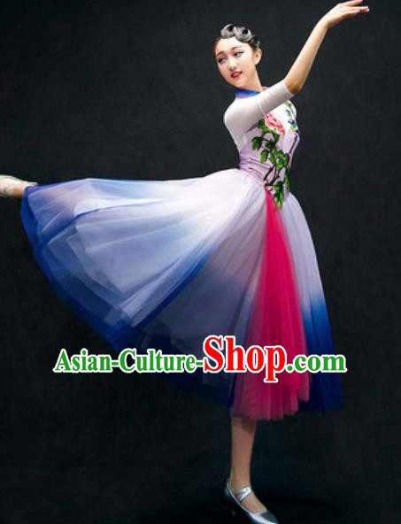 Chinese Classical Dance Costume Traditional Modern Dance Royalblue Veil Dress for Women