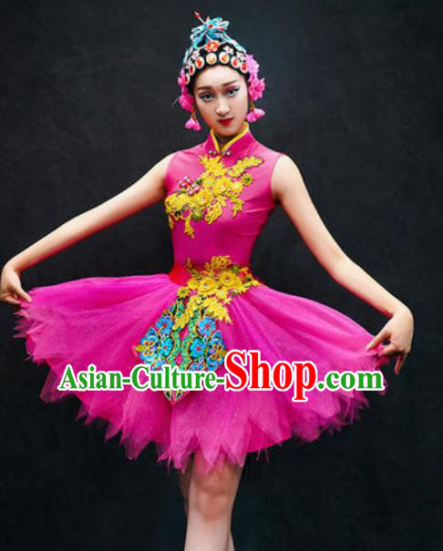 Chinese Classical Dance Costume Traditional Folk Dance Rosy Veil Dress for Women