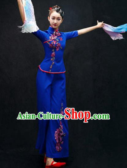 Chinese Folk Dance Yangko Royalblue Costume Traditional Fan Dance Clothing for Women