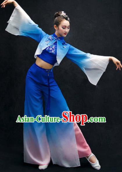 Chinese Folk Dance Yangko Stage Performance Royalblue Costume Traditional Fan Dance Clothing for Women