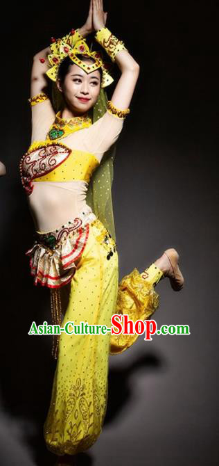 Chinese Uyghur Nationality Ethnic Dance Costume Traditional Indian Dance Yellow Clothing for Women
