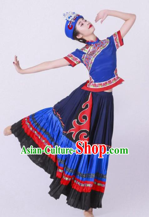 Chinese Yi Nationality Ethnic Dance Costume Traditional Minority Dance Blue for Women