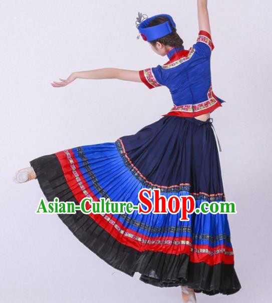 Chinese Yi Nationality Ethnic Dance Costume Traditional Minority Dance Blue for Women