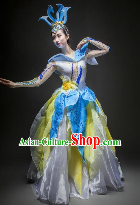 Chinese Modern Dance Stage Costume Traditional Opening Dance Blue Bubble Dress for Women