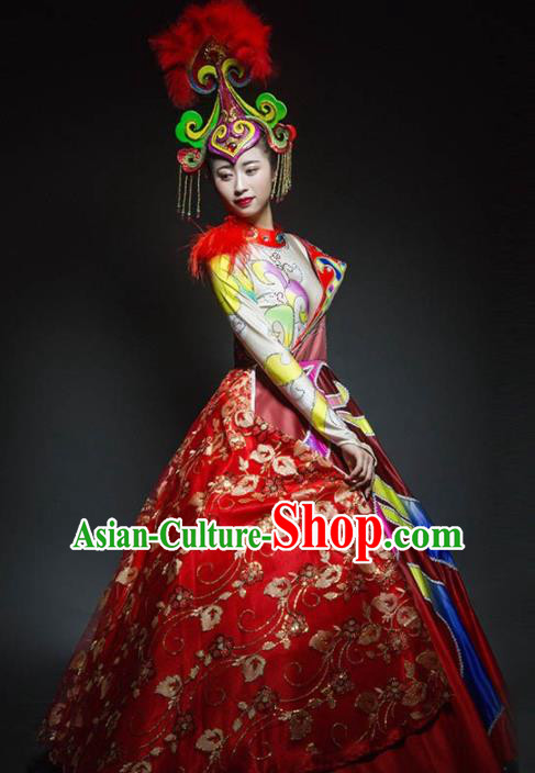 Chinese Modern Dance Stage Costume Traditional Spring Festival Gala Opening Dance Red Dress for Women
