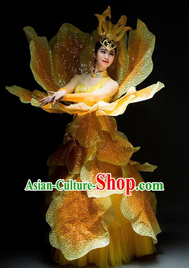Chinese Modern Dance Peony Dance Stage Costume Traditional Spring Festival Gala Opening Dance Yellow Dress for Women