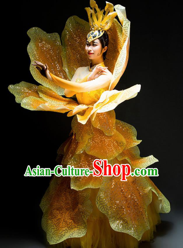 Chinese Modern Dance Peony Dance Stage Costume Traditional Spring Festival Gala Opening Dance Yellow Dress for Women