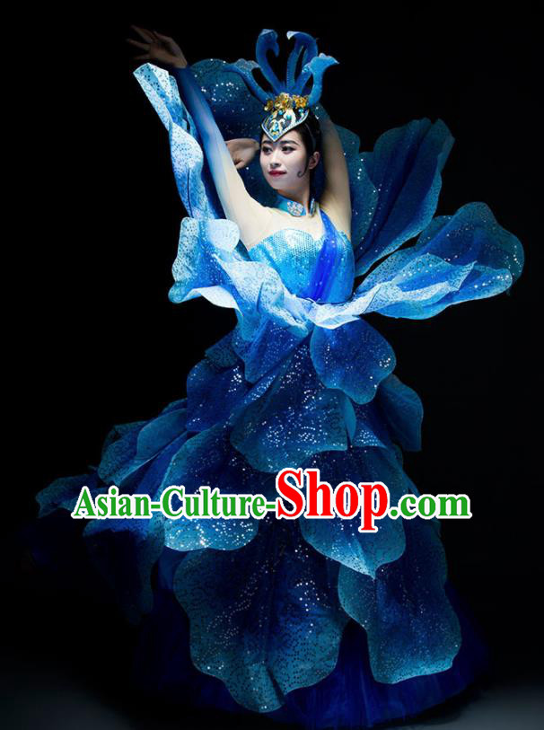Chinese Modern Dance Peony Dance Stage Costume Traditional Spring Festival Gala Opening Dance Royalblue Dress for Women