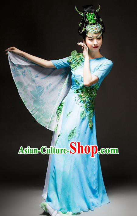 Chinese Classical Dance Chorus Costume Traditional Stage Performance Blue Dress for Women