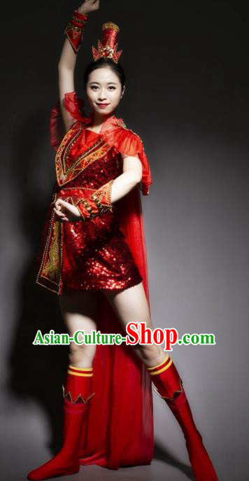 Chinese Traditional Stage Performance Costume Folk Dance Drum Dance Red Dress for Women