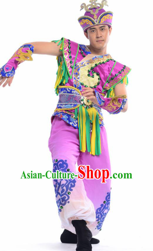 Chinese Mongol Nationality Ethnic Purple Costume Traditional Minority Folk Dance Stage Performance Clothing for Men