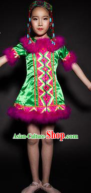 Chinese Evenki Nationality Stage Performance Costume Traditional Ethnic Minority Green Clothing for Kids