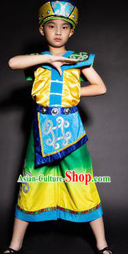 Chinese Tujia Nationality Stage Performance Costume Traditional Ethnic Minority Blue Clothing for Kids
