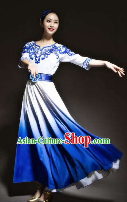Chinese Modern Dance Stage Costume Traditional Chorus Group Dance Royalblue Dress for Women