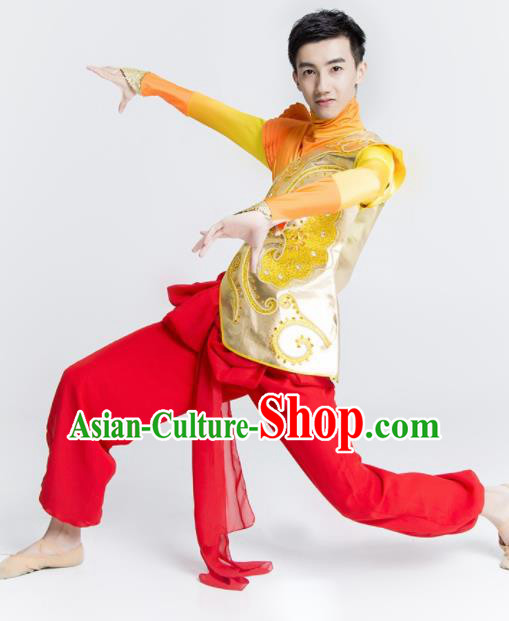 Chinese Traditional Drum Dance Stage Performance Golden Costume Folk Dance Clothing for Men