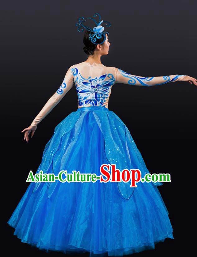 Chinese Spring Festival Gala Stage Performance Blue Veil Dress Traditional Modern Dance Opening Dance Costume for Women