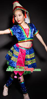 Chinese Jino Nationality Stage Performance Costume Traditional Ethnic Minority Blue Clothing for Kids