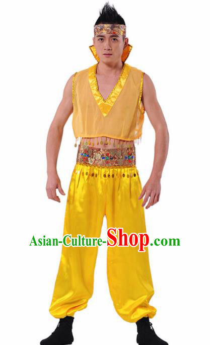 Chinese Traditional Drum Dance Stage Performance Costume Folk Dance Golden Clothing for Men