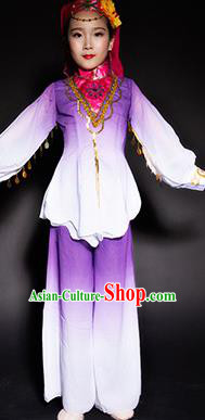 Chinese Salar Nationality Stage Performance Costume Traditional Ethnic Minority Purple Clothing for Kids