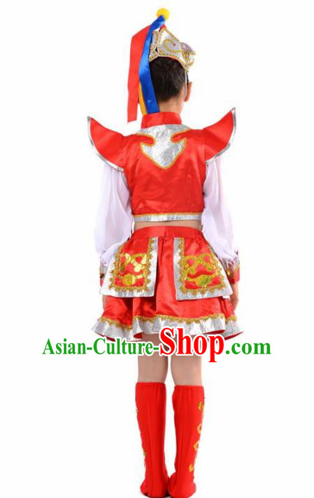 Chinese Mongol Nationality Ethnic Red Costume Traditional Minority Folk Dance Stage Performance Clothing for Kids