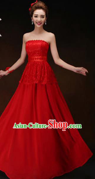 Top Grade Stage Performance Strapless Red Full Dress Compere Modern Fancywork Modern Dance Costume for Women