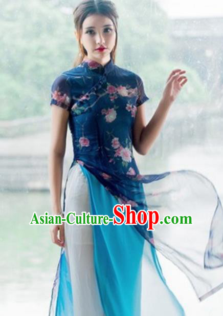 Top Grade Stage Performance Navy Qipao Dress Compere Modern Fancywork Modern Dance Costume for Women