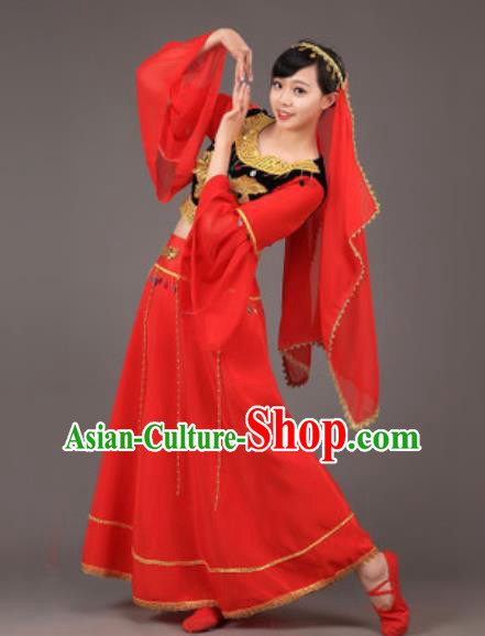 Chinese Uyghur Nationality Ethnic Costume Traditional Minority Folk Dance Stage Performance Red Dress for Women