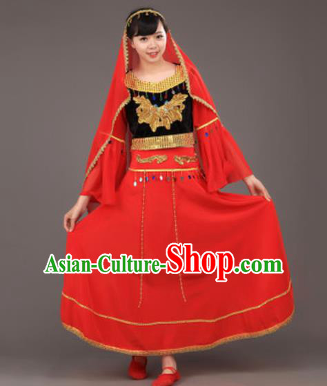Chinese Uyghur Nationality Ethnic Costume Traditional Minority Folk Dance Stage Performance Red Dress for Women