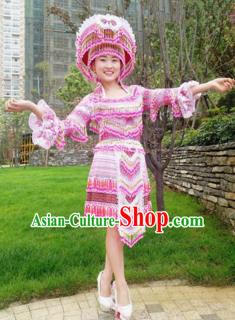 Traditional Chinese Minority Ethnic Bride Folk Dance Pink Short Dress Miao Nationality Stage Performance Costume and Hat for Women