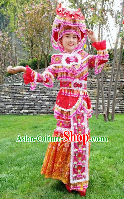 Traditional Chinese Minority Ethnic Bride Folk Dance Red Dress Miao Nationality Stage Performance Costume and Hat for Women