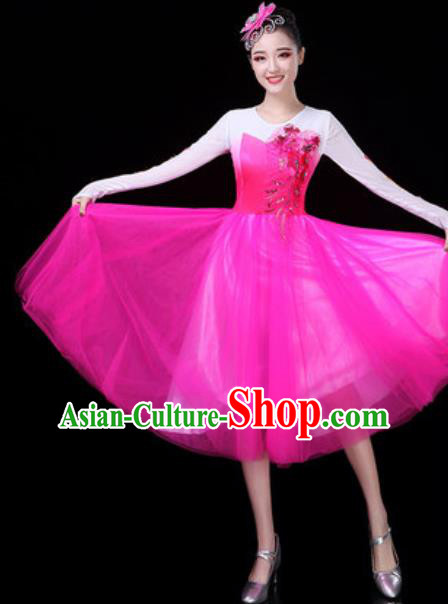 Traditional Chinese Opening Dance Rosy Veil Bubble Dress Modern Dance Stage Performance Costume for Women